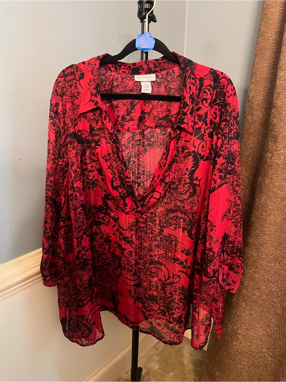 Catherines Red Blouse with Black Floral Print V-Neck